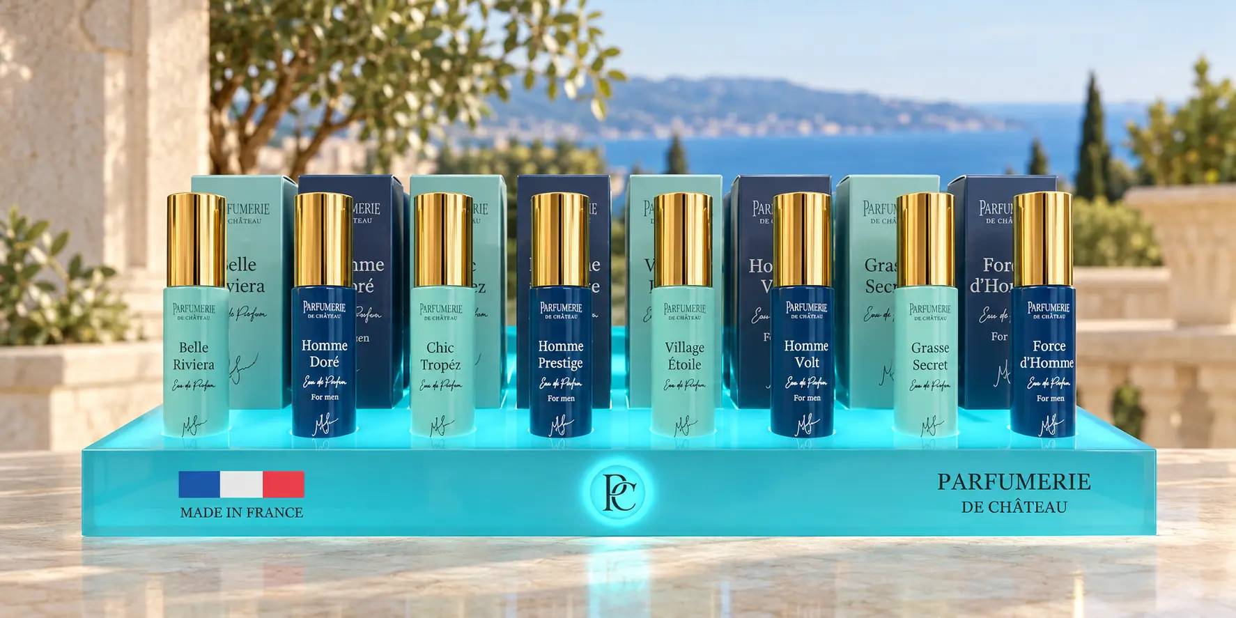 The illuminated Parfumerie de Château fragrance display