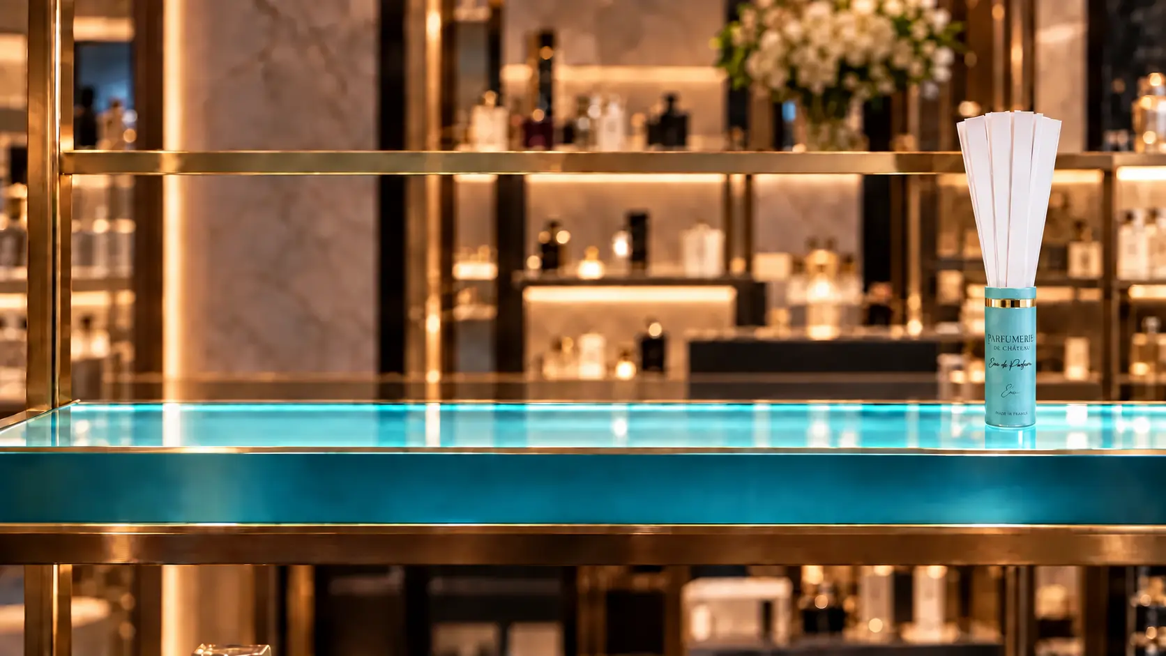 An illuminated boutique shelf with a round blotter holder